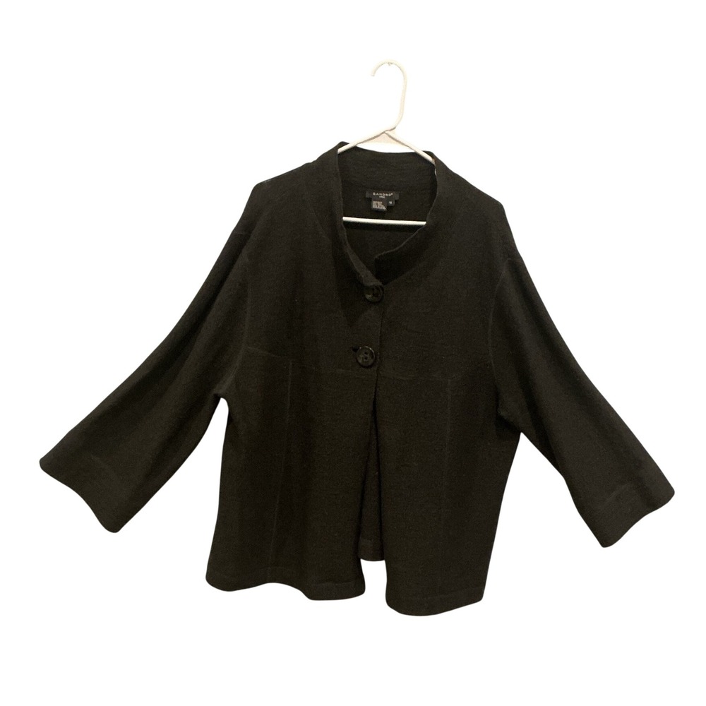 Sandro Woman Wool Blend‎ Jacket 1X Black Textured Knit Two Button Cape Coat